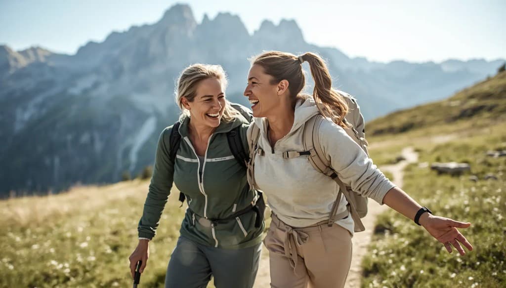 Two women hiking together in the mountains